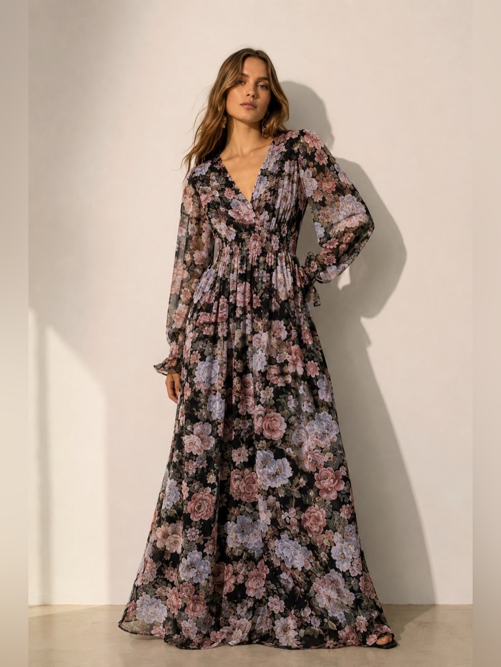 Everly Floral Surplice Maxi Dress | Long Sleeve Flowy Boho | Size L